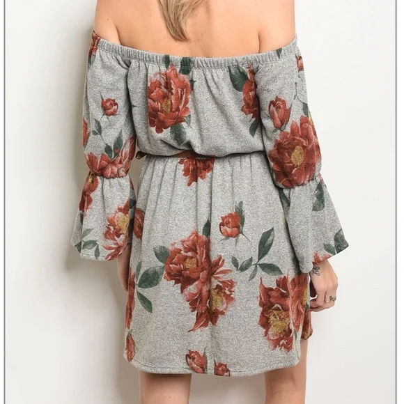 Grey, Floral Off The Shoulder Dress - Picture 2 of 2